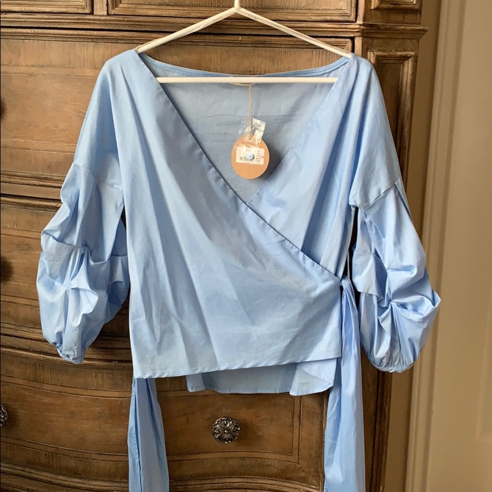 Francesca NWT Light Blue Blouse with Ribbon V-Neck